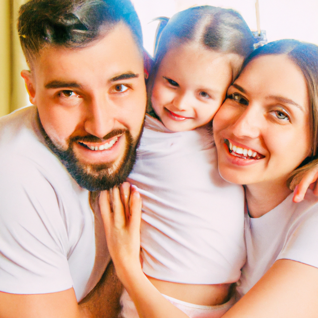 밝은 흰 방에서의 가족 사진